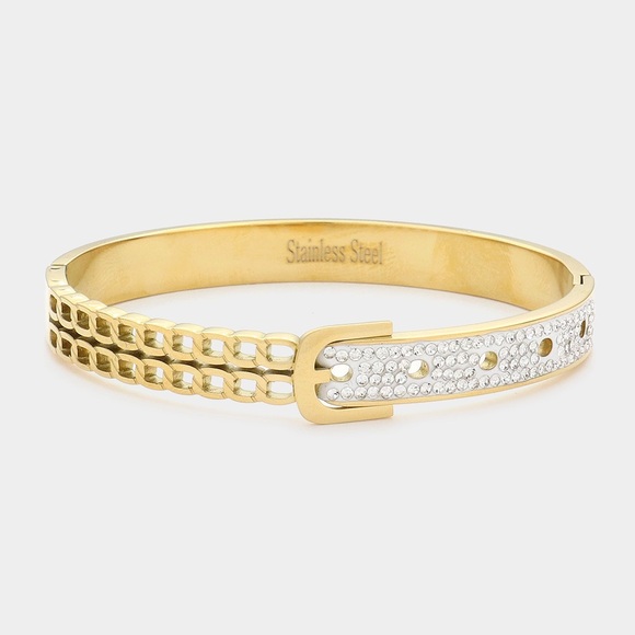 Jewelry - Belt Stone Paved Stainless Steel Hinged Bracelet